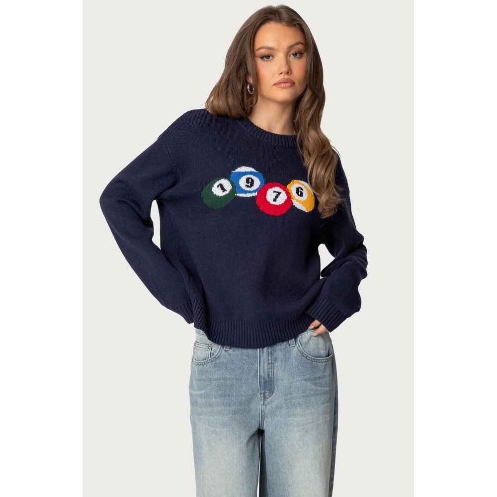 Edikted Womens Navy Blue Pool‎ Ball Graphic Knit Sweater 1976 Billiards XS